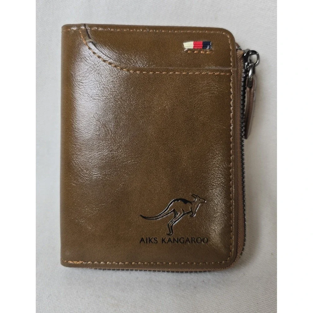 AIKS Kangaroo Wallet Men's BrownLeather Zip Bifold Credit Card ID Slots Casual
